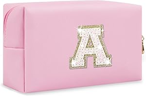 Small Personalized Initial A-Z Patch Makeup Bag,Pink Cute PU Leather Glitter Letter Cosmetic Bag for Teen Girls,Travel Toilet