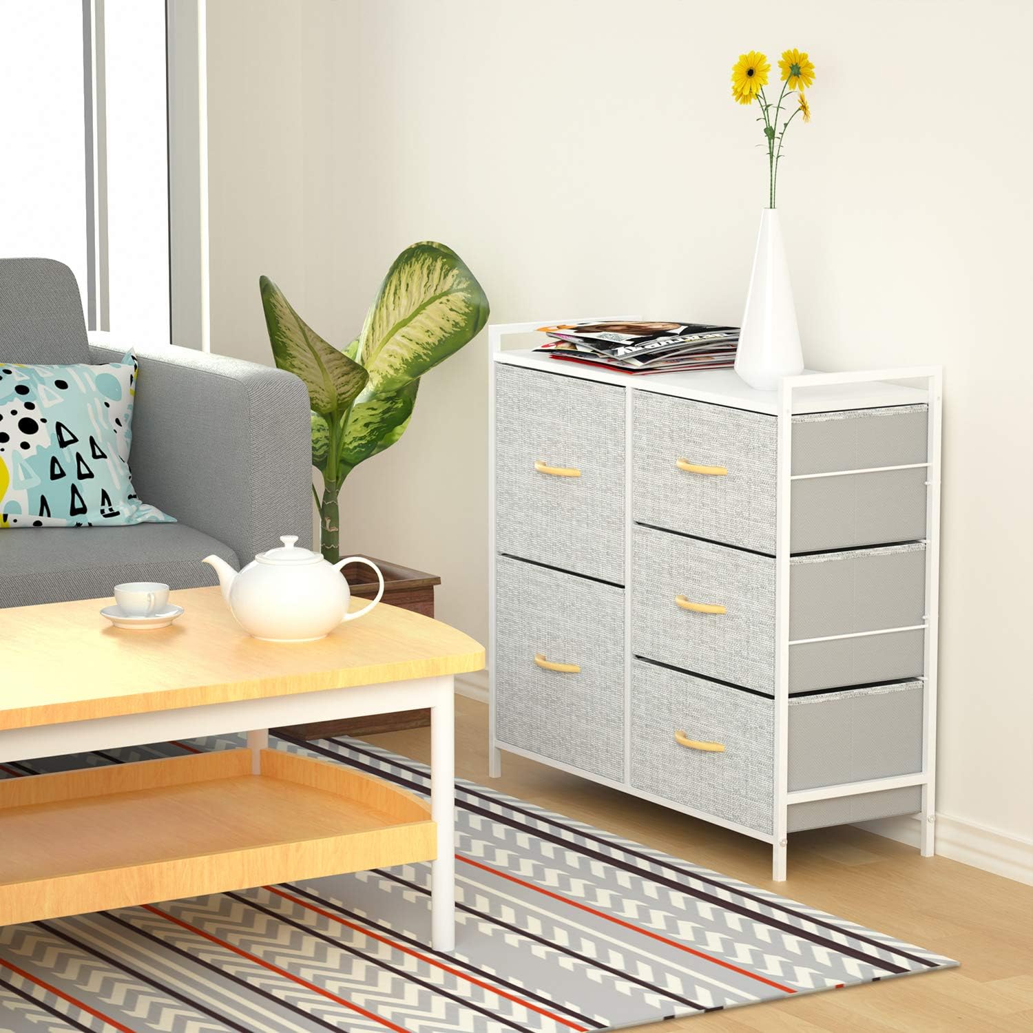 ROMOON Dresser Organizer with 5 Drawers, Fabric dresser tower for Bedroom, Hallway, Entryway, Closets - Gray -