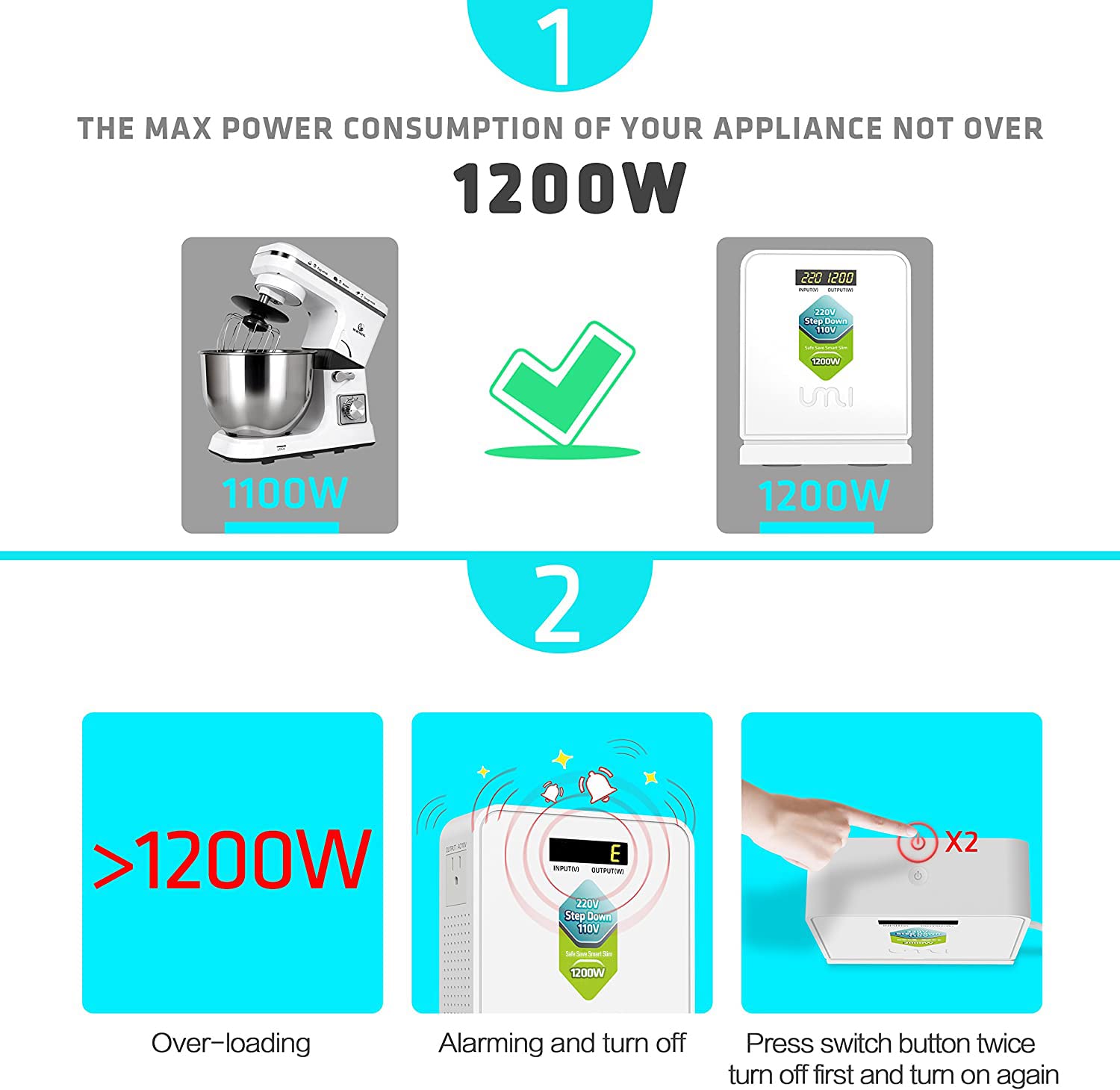 UMI 220V to 110V Step Down Voltage Converter 1200Watts Continuous Full Load Capacity