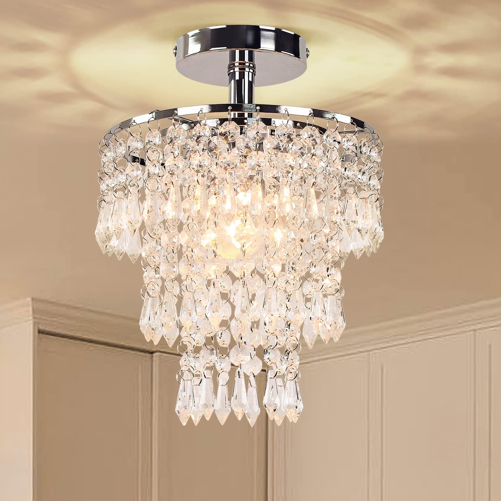 FRIXCHUR Small Crystal Chandelier Silver Ceiling Light Flush Mount Chandelier Light Fixture Ceiling Mount for Dining Room Bedroom Hallway Foyer Closet, 7.9 Inch, Chrome