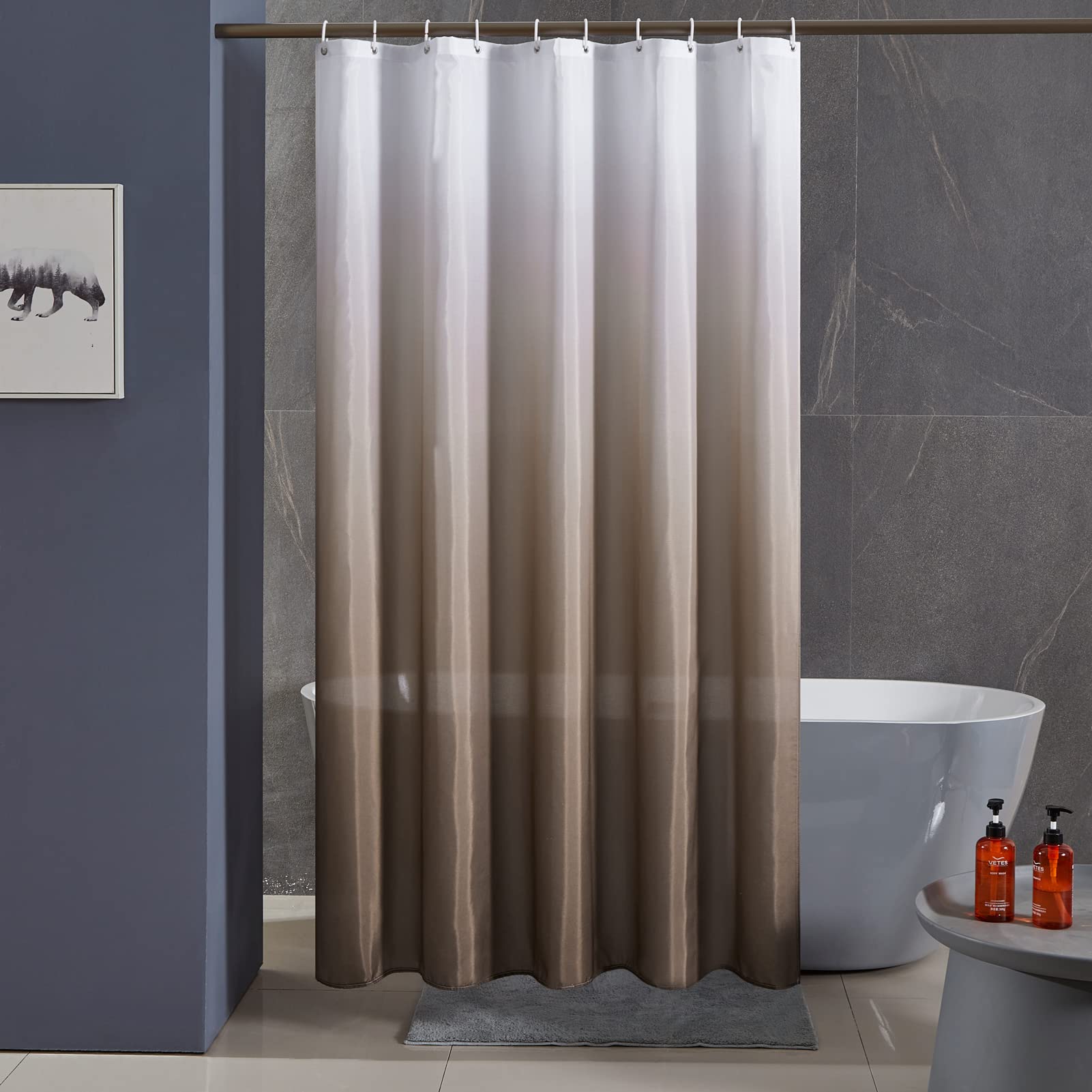 Furlinic Shower Curtain for Bathroom Mould Proof Polyester Fabric Wetroom Bath Curtains Waterproof Washable with 10 Hooks White to Brown 60x72 Inch(150x180cm).