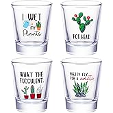 Patelai Succulent Plant Cactus Wine Gifts for Women Set of 4 Funny Wine Glasses 2oz Plant Lover Gifts Glass Succulent Cactus Present Mug Clear Stemless Mug Glasses, 4 Styles