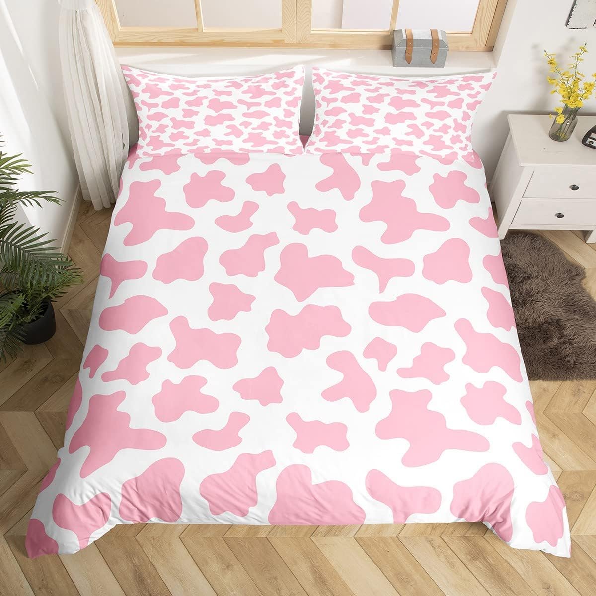 Kid Cartoon Bedding Set Pink Cow Print Duvet Cover Double,Milk Cow Animal Cowhide Comforter Cover Western Animals Quilt Cover for Toddler Teen Boys Girls Farmhouse Bull Cattle Kawaii Room Decor — image 1