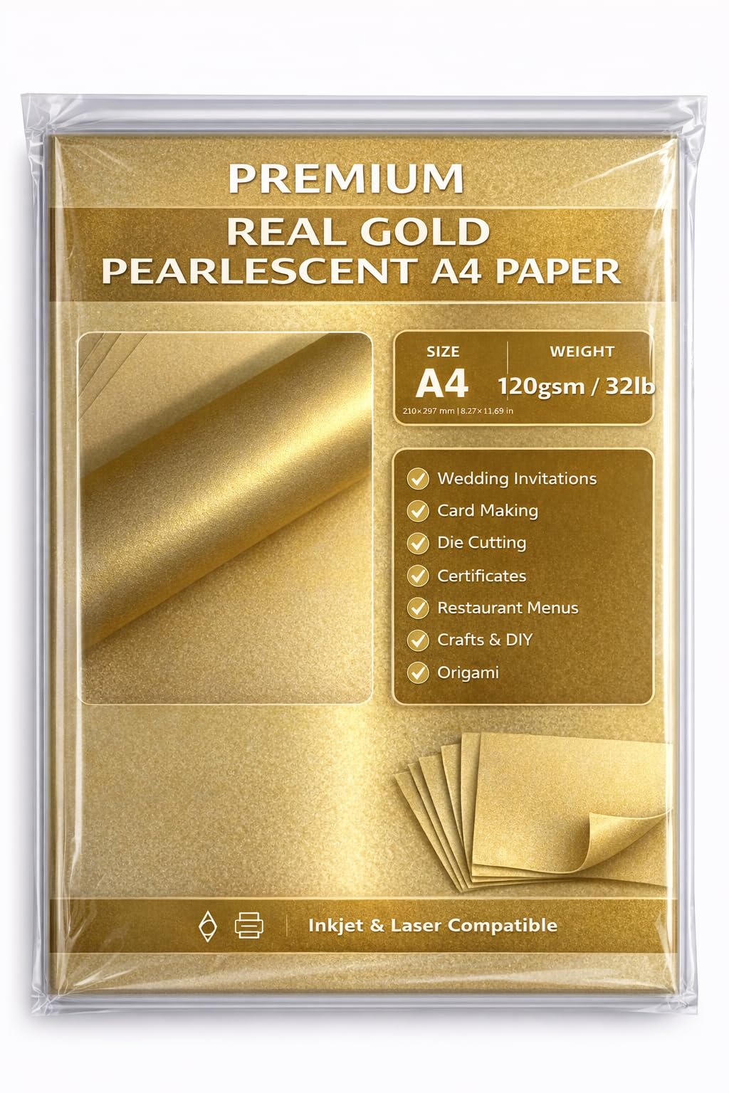 A4 Gold Pearlescent Paper 120gsm – Metallic Gold Printer Paper for Inkjet & Laser Printers – Shimmer Craft Paper for Invitations, Certificates & Crafts – Syntego (20)