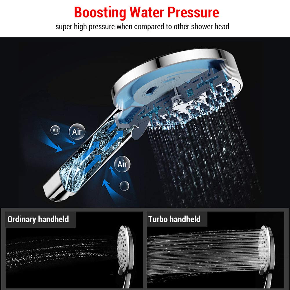 HENZIN Shower Head,High Power Low Pressure Boosting Showerhead 3-Function Water Saving Handheld Chrome Shower Head with Hose and Holder Universal Fitting for Bathroom