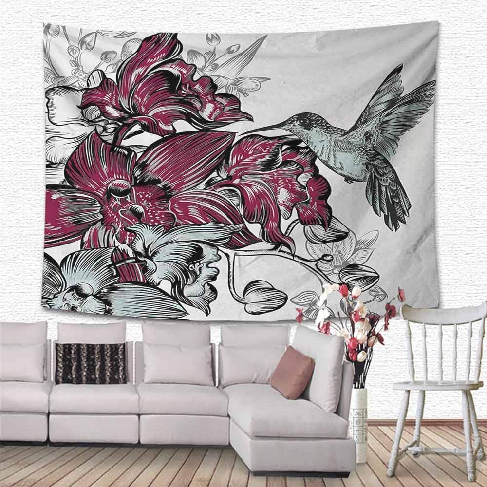 Hummingbird Decor Tapestry, Orchid Flowers Bouquet and A Hummingbird Nature Wildlife Artistic Design Print Wall Tapestry for Bedroom Living Room Dorm, 60"x40", Burgundy (150cmx100cm)