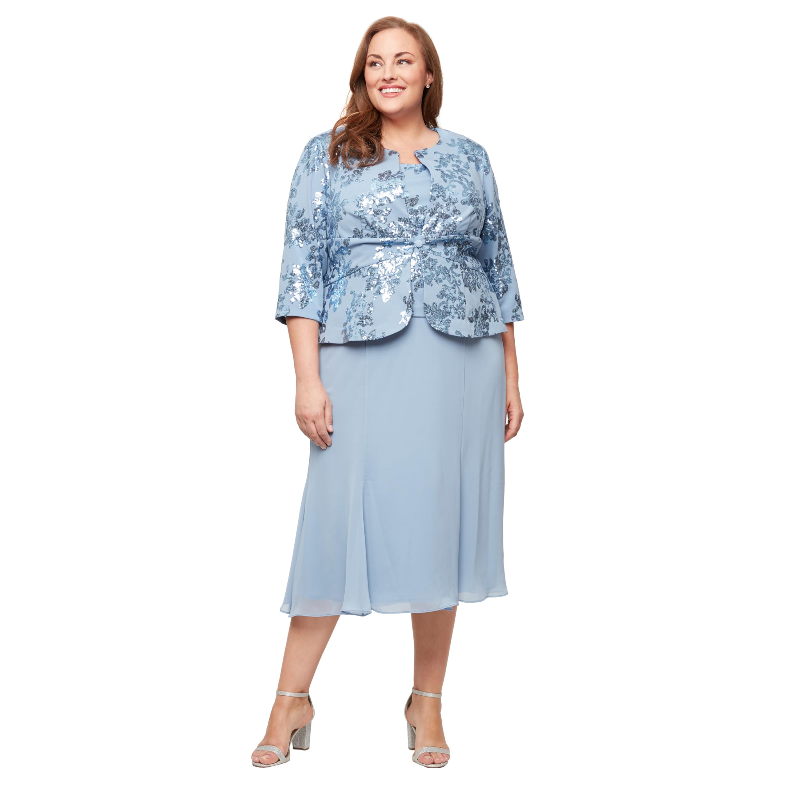 Alex Evenings Women’s Tea Length Mother of the Bride Jacket Dress, Formal Events, Wedding Guest (Plus Size), Dusty Blue, 16W