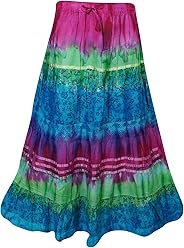 Mogul Interior Womens Maxi Skirt Tie Dye Blue Pink Boho Beach Crochet Lace Work Peasant Skirts