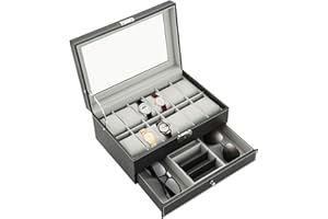 MYFULLY 12 Slots Watch Case with Jewelry Organizer Drawer for Women Men, PU Leather Watch Collection Box with Glass Lid & Rem