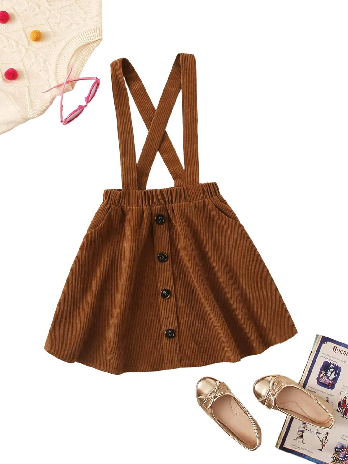 Romwe Girl's Cute Corduroy Button Front Criss Cross Back Elastic Waist Solid Overall Jumper Dress: Clothing