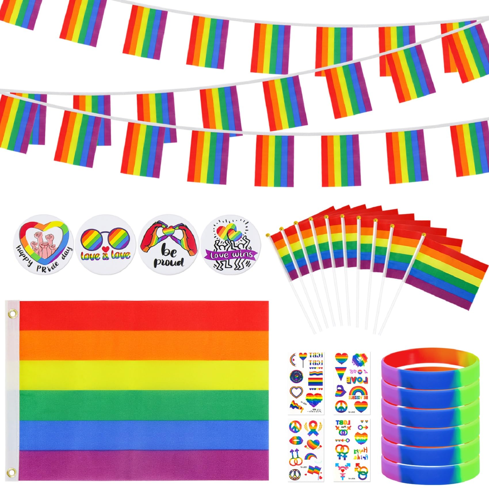 Meetory 26PCS Pride Flag Bunting, Rainbow Flag Gay Pride Accessories, 5FT X 3FT LGBT Flag, Lesbian Bisexual Flag, Hand Flags Banner Pride Tattoos Badge Bracelet for Parade Celebration Party