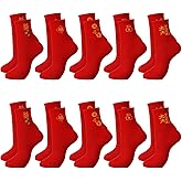 Glitopper 10 Pairs Chinese New Year 2026 Red Socks of Horse with Embroidery Fu Rich New Year Crew Socks for Woman Men Gifts