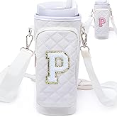 SPORJET Initial Water Bottle Carrier Bag with Phone Pocket Compatible with Stanley 40/30 oz Tumbler Holder with Strap, Cup Carrier Bag & Case - Personalized Teen Girl Gifts