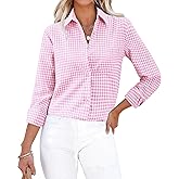 siliteelon Plaid Shirts for Women Gingham Top Button Down Long Sleeve Dress Shirts Cotton Casual Fitted Work Collared Blouse