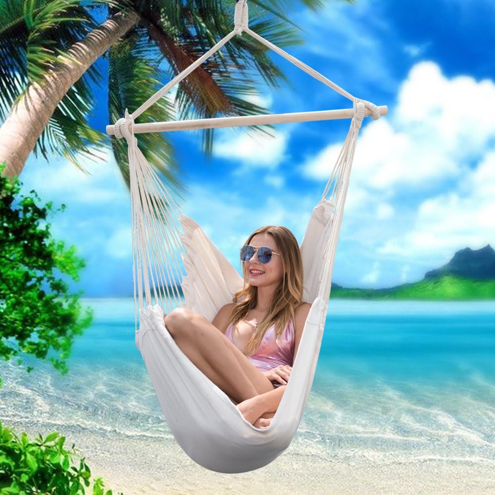 Y- STOP Hammock Chair Hanging Rope Swing, Max 320 Lbs, 2 Seat Cushions Included, Hanging Chair with Pocket, Quality Cotton Weave, for Indoor and Outdoor, Beige: Furniture & Decor