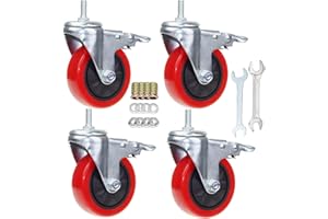 AOCHENLY Heavy Duty Stem Caster Wheels M10-1.5X25mm Dual Locking No Noise PVC Threaded Stem Caster Wheels Pack of 4 for Workbench, Dolly, Furniture (4 Inch, Red)