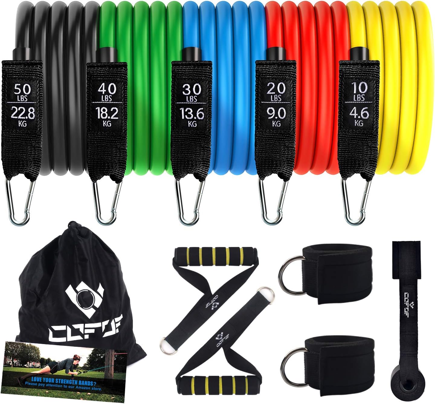 Resistance Bands Set Workout Bands - Includes 5 Stackable Exercise Bands, Black Foam Handles, Door Anchors, Ankle Straps, Carry Bag - for Resistance Training, Physical Therapy, Home Workouts, Yoga