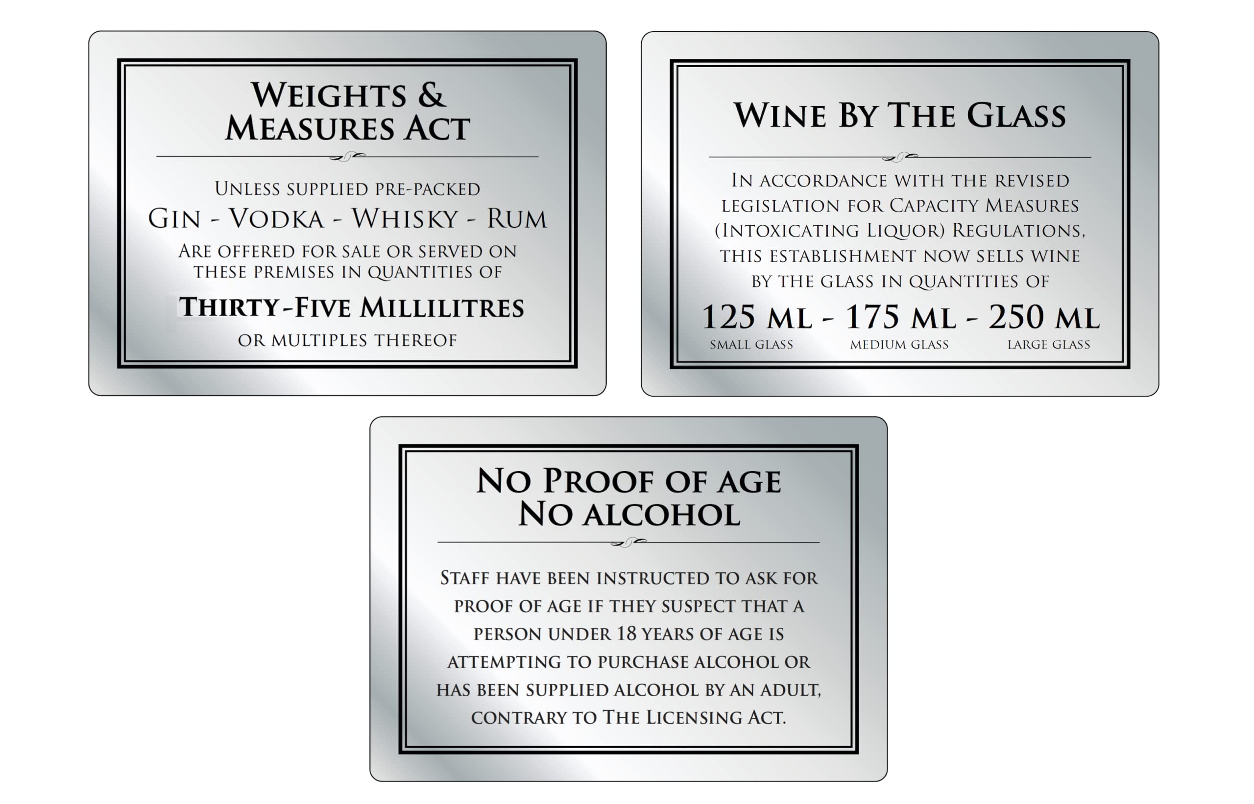 Weights & Measures Act 35ml Sign Wine by the Glass 125ml 175ml 250ml - Pack of 3 Signs