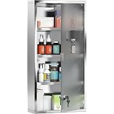 HOMCOM Wall Mounted Medicine Cabinet Lockable Wall Cabinet Silver 12" x 24" | 4 Tier Shelves, Stainless Steel Frame, Glass Door, 2 Keys