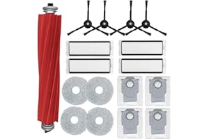 RINAKOU Accessories Kit Compatible with Roborock Q Revo Robtic Vacuum Cleaner,17 Replecement Spare Parts,1 Main Brush Roller,4 Black Side Brush,4 Hepa Filters,4 Mop Pads,4 Dust Bags (Black-17 Pack)