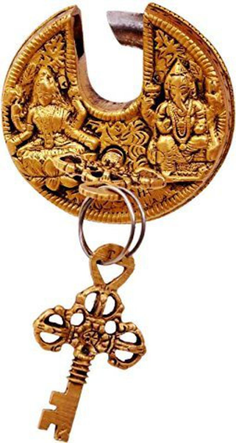 Purpledip Brass Padlock Ganesha-Lakshmi: Round Antique Design; Unique Collectible (11295)