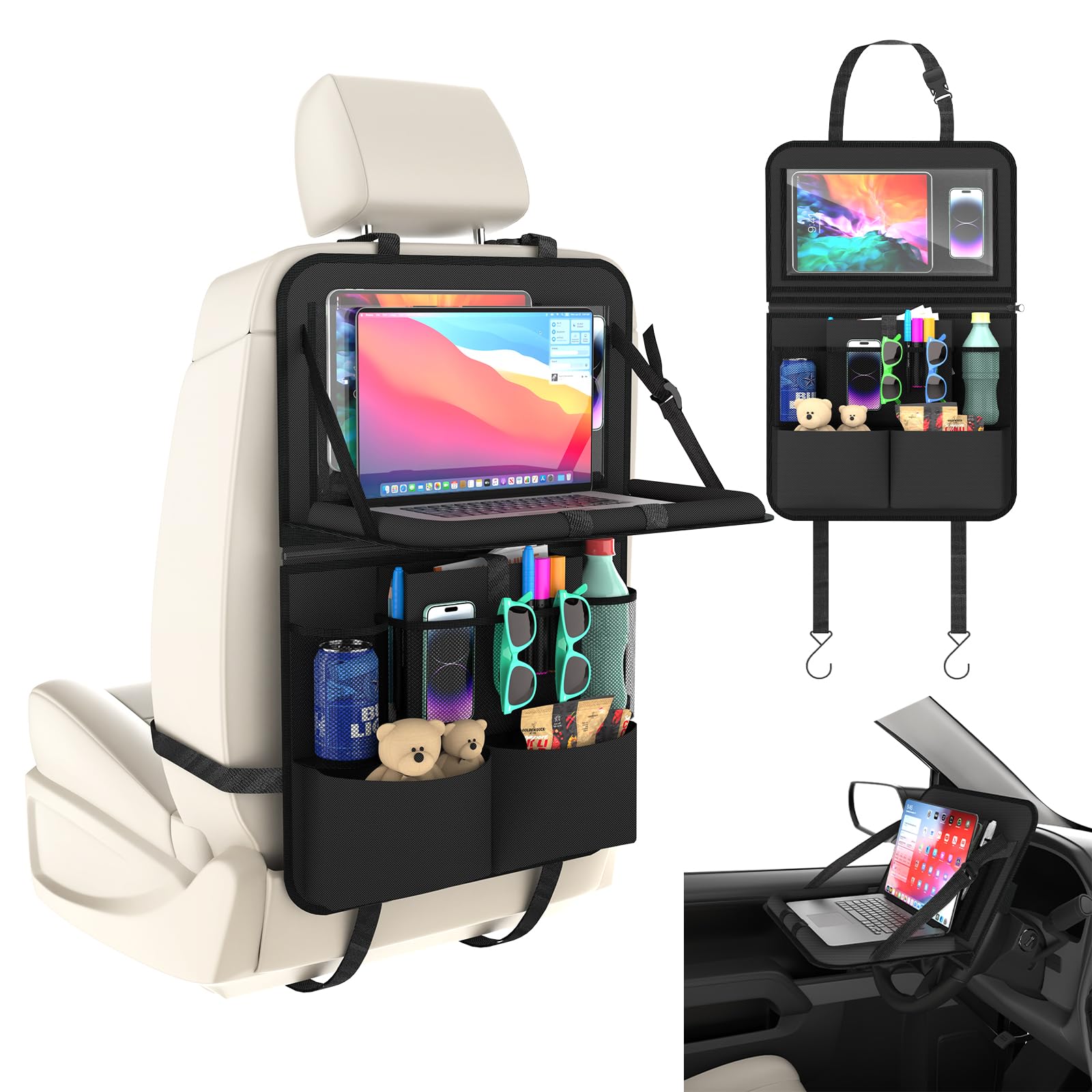 car backseat organizer with detachable steering wheel tray, 11-pockets storage & tablet holder, kids