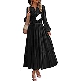 CzzzyL Nursing Fall Dresses for Women Puff Long Sleeve V Neck Tiered Wedding Guest Maxi Dress with Pockets