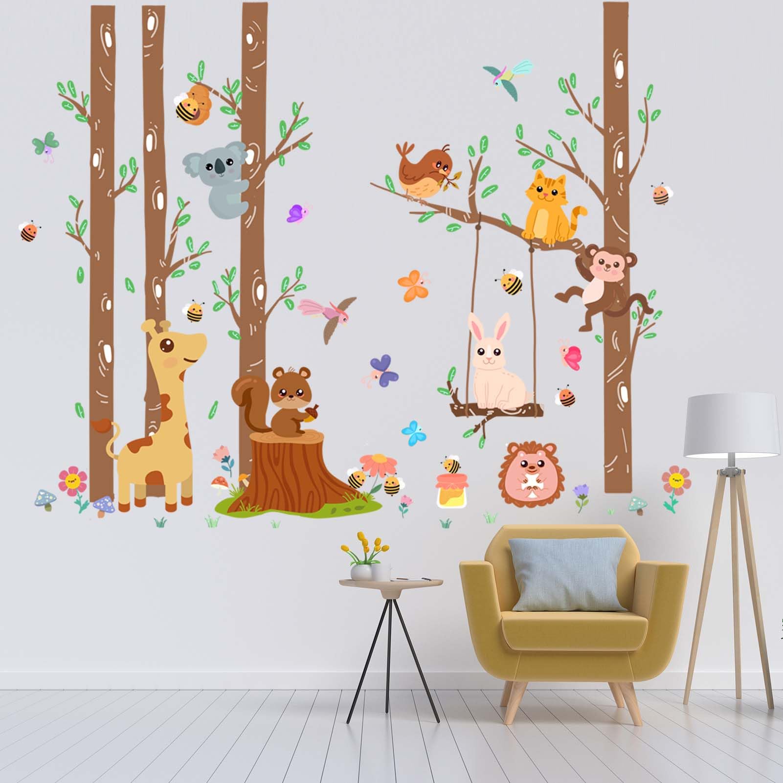PinkEleph Woodland Animals Wall Stickers - Giraffe Monkey Koala Squirrel Rabbit Baby Nursery Wall Decals - Kids Room Daycare Playroom Classroom Wall Decor