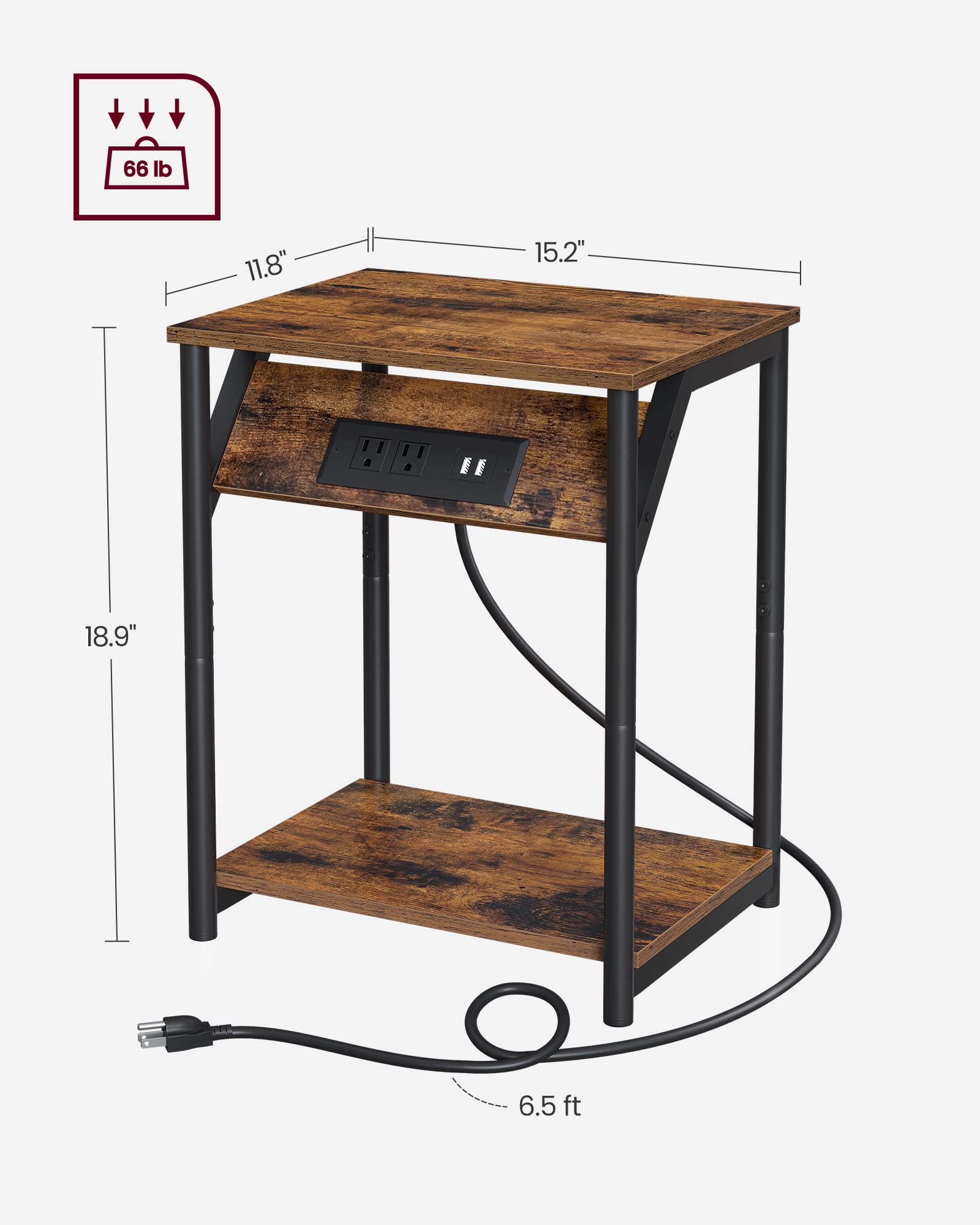 VASAGLE End Table with Charging Station, Small Side Table for Living Room, Bedroom, Nightstand with Outlets and USB Ports, Bedside Table with Storage Shelf, Rustic Brown and Black