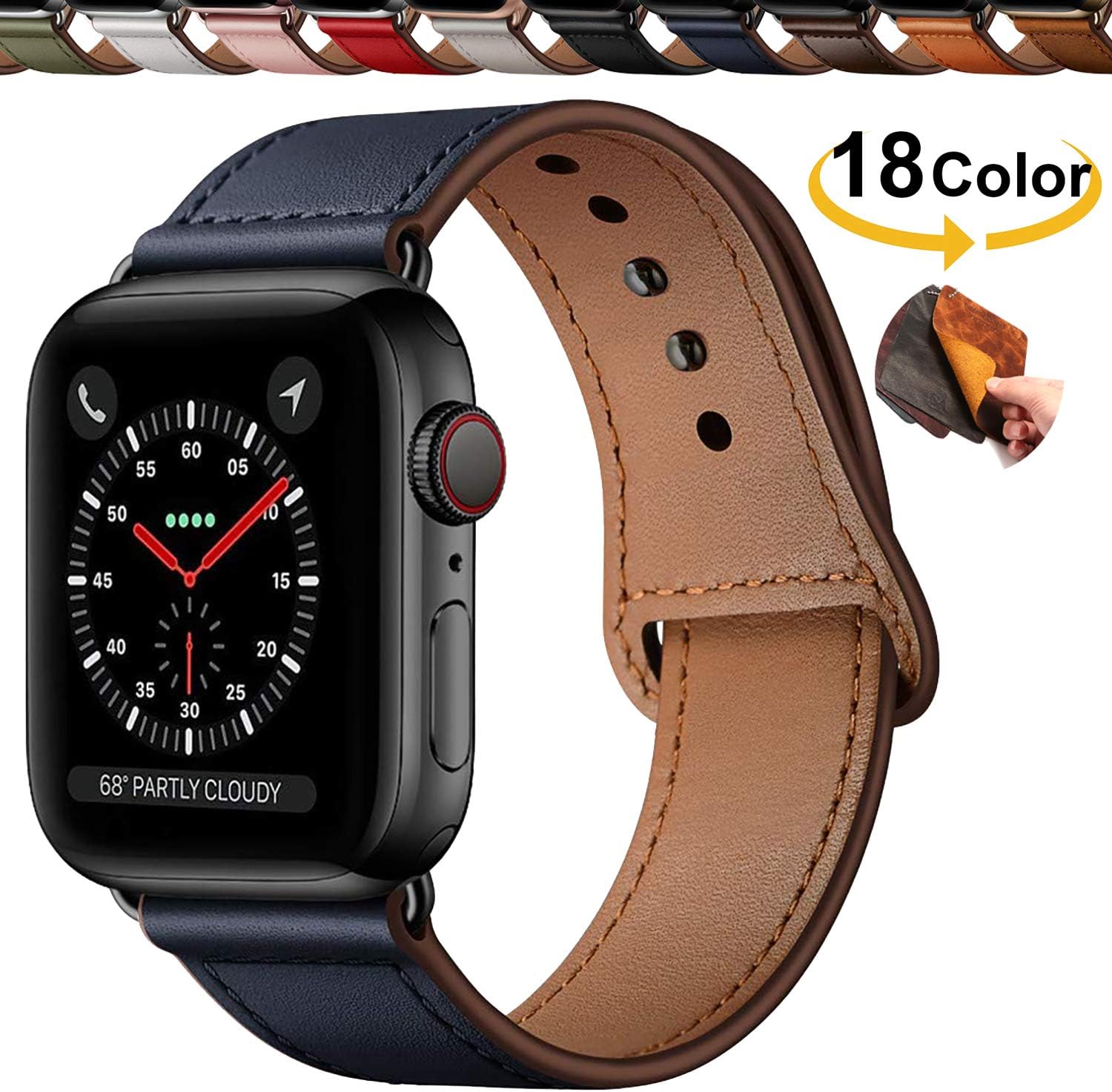 Chok Idea Innovative Buckle Genuine Leather Strap Compatible With Apple Watch Series 5 & 4 3/2/1,Covert Buckle Ensure Clean Fit Watchband Replacment for iWatch 44mm 42mm,Dark Blue