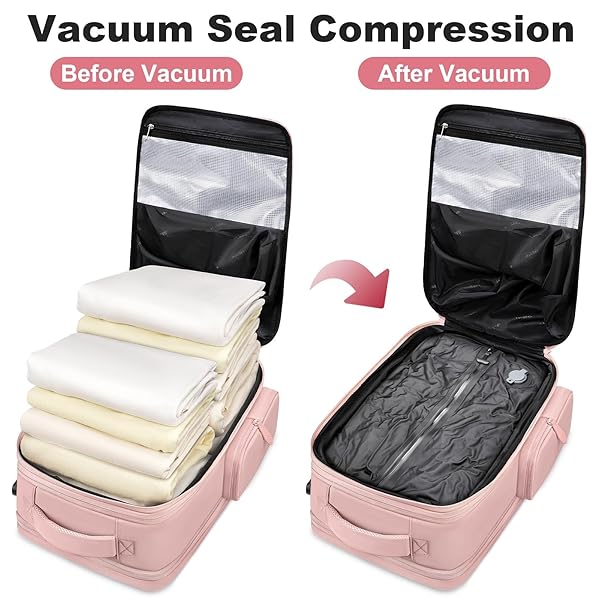 TAYGEER VACUUM BACKPACK, EXPANDABLE VACUUM SEAL CARRY ON BACKPACK WITH RAIN COVER, 17” LAPTOP COMPRESSION BACKPACKS TRAVEL WITH SHOE COMPARTMENT, TSA APPROVED PERSONAL ITEM COMPRESSION BACK PACK,PINK
