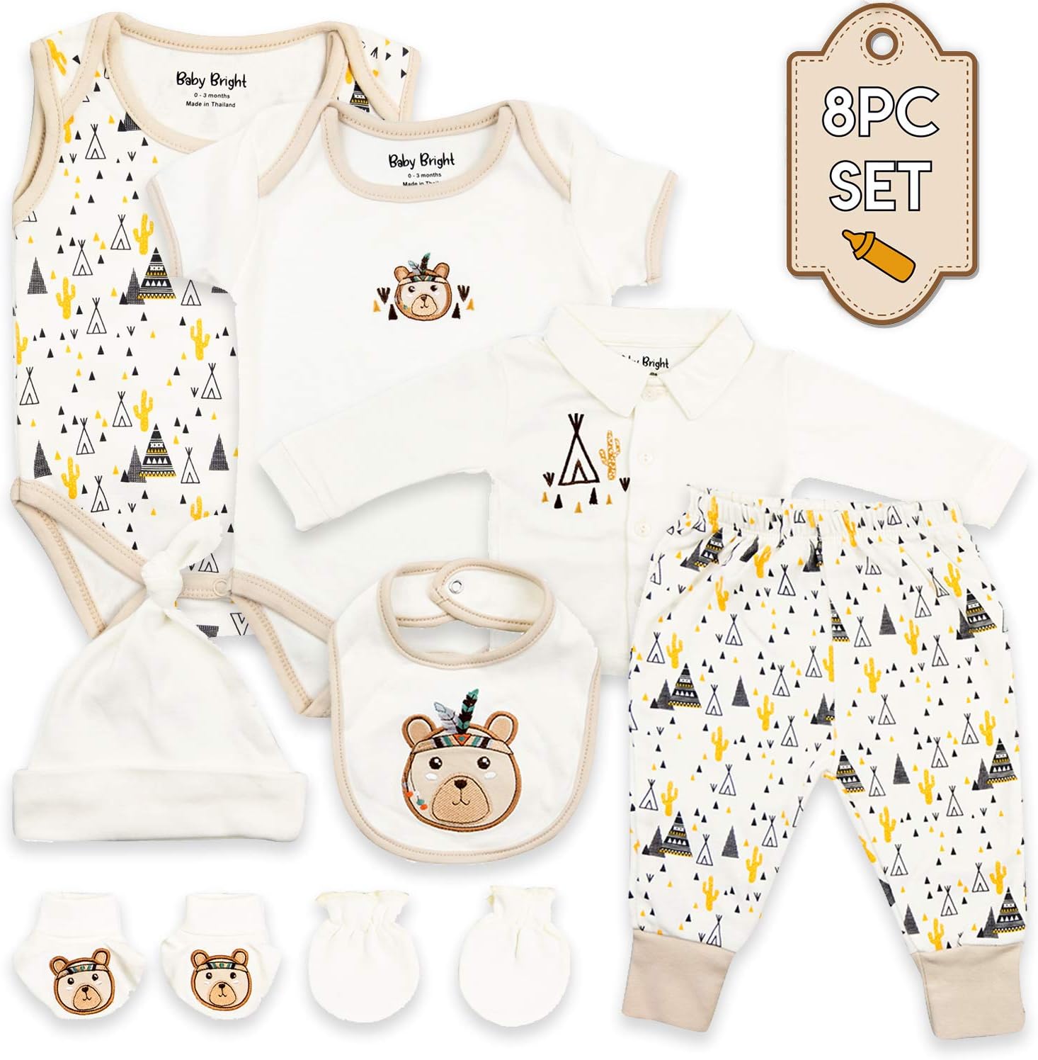 Baby Bright Newborn Clothes for Boy 0 to 3 Months 8 pcs Set Made from 180GSM BioSilky 100% Combed Cotton with Embroidery Includes Bib Mittens Booties Pajama Set Cap and 2 Bodysuits