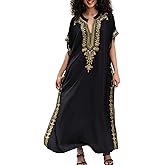 Women Golden Leaf Embroidery Loose Lightweight Kaftan Kimono Cardigan Casual Beach Cover Up Long Caftans Bathing Suit Maxi Dress Black