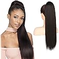 Flufymooz ponytail extension, 22 Inch Long Straight Drawstring Ponytail Synthetic Hairpieces Fake Pony Tails Natural Soft Clip in Hair Extension ponytail for Women (Black Brown)