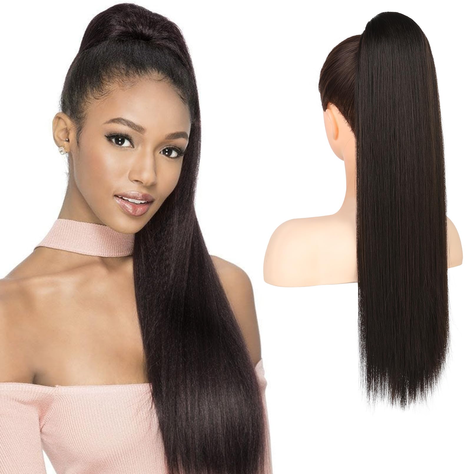 Photo 1 of Flufymooz ponytail extension, 22 Inch Long Straight Drawstring Ponytail Synthetic Hairpieces Fake Pony Tails Natural Soft Clip in Hair Extension ponytail for Women (Black Brown)