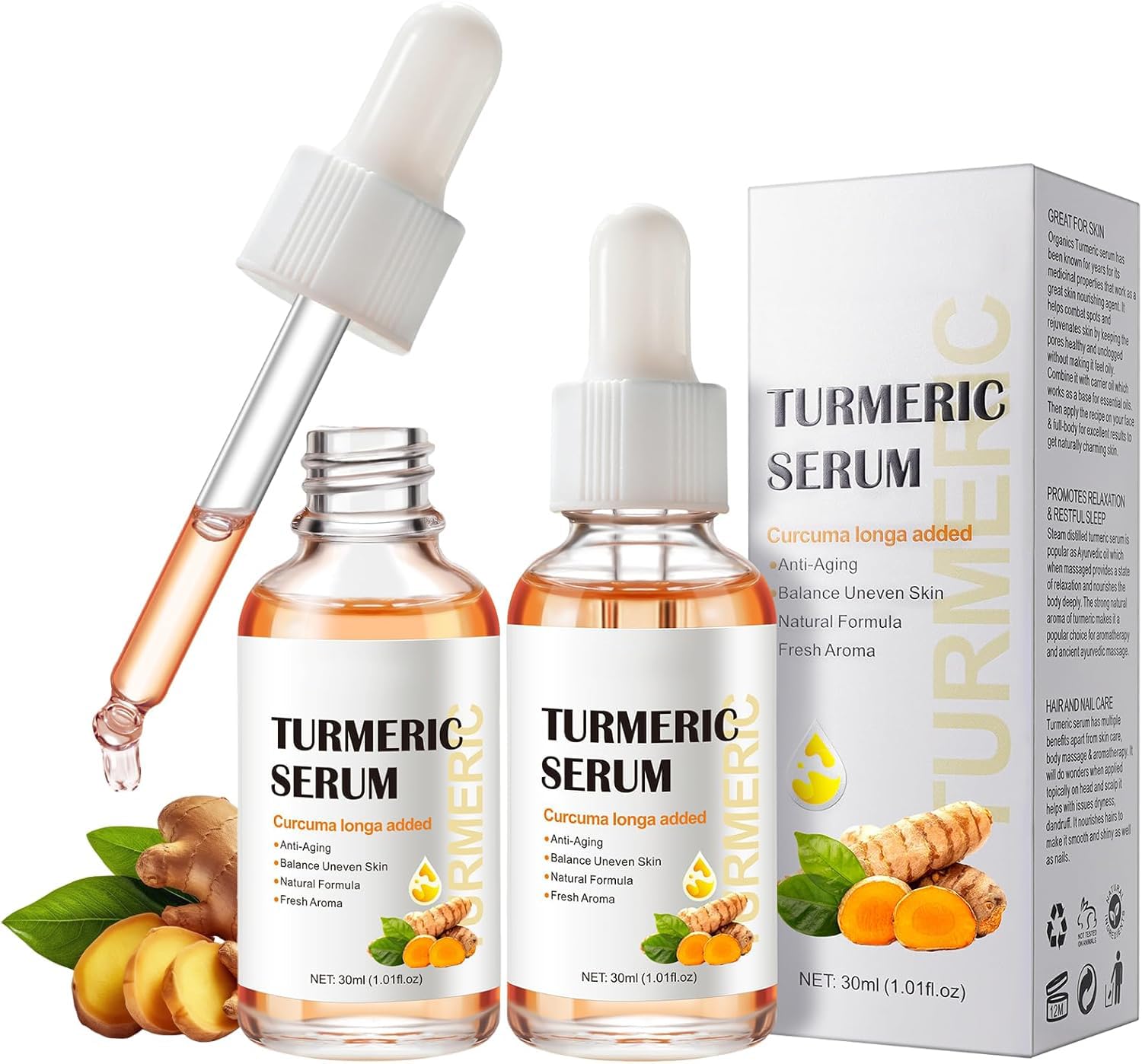 Leogony 2PCS Lightening Turmeric Serum Dark Spot Removal Corrector for Face Skin Glow, 30 ml, Anti Aging, Hydrating, Reduce Wrinkles