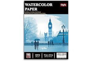 OGFU Watercolor Paper Pad, Watercolor Pad 9x12”, 300 GSM/ 140 lb Water Color Paper, 16 Sheets Cold Press - Painting, Drawing & Art Supplies for Adults & Kids, Watercolor Sketchbook for Wet & Dry Media.
