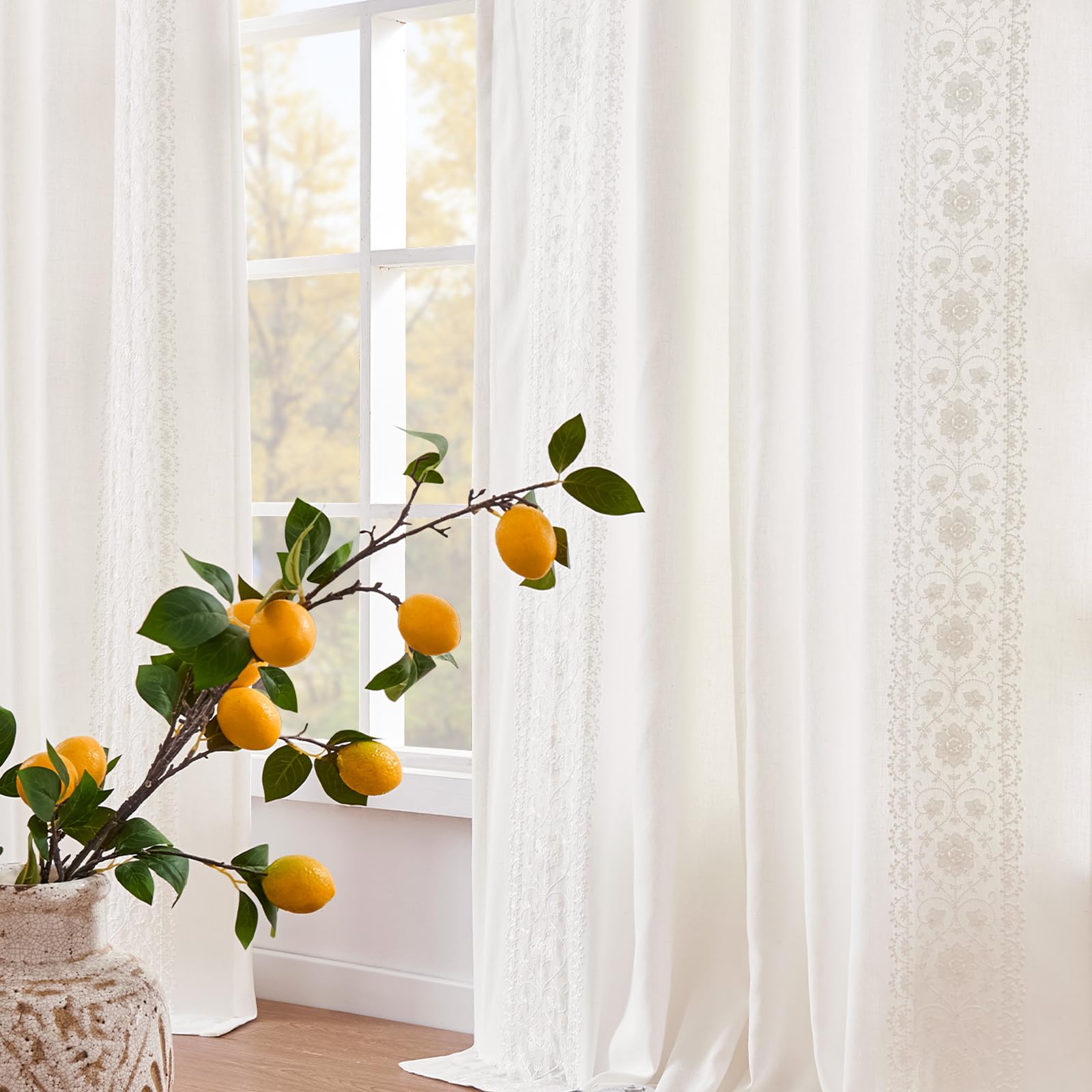 Photo 1 of jinchan White Linen Curtains for Bedroom Vintage Floral Farmhouse Curtains 84 Inches Long Linen Blend Lined Drapes for Living Room Embroidered Drapes Off White 2 Panels
