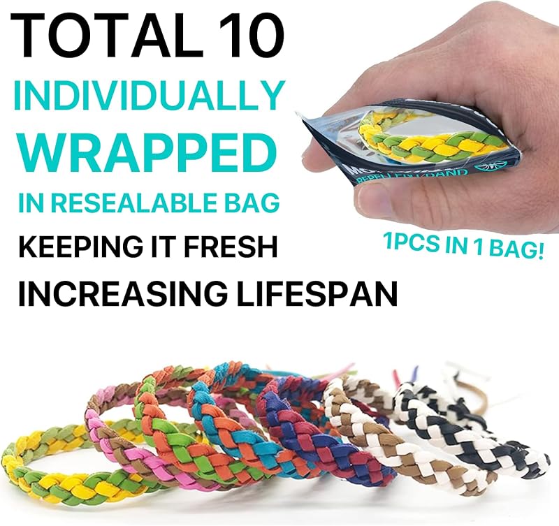 Pulsera repelente de mosquitos 10 unidades, de cuero ajustable libre de DEET, bandas naturales repelentes de insectos para adultos y niños, 350 horas de protección repelente de insectos