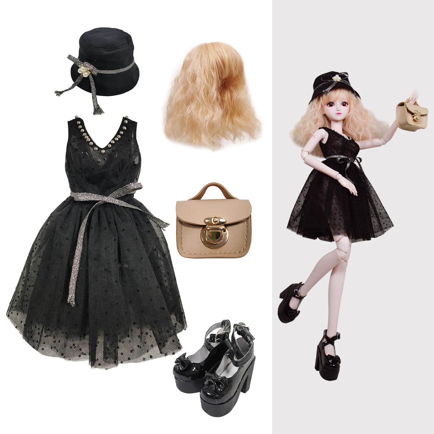Proudoll 1/3 BJD Doll Clothes Outfit Set - Handcrafted Stylish Black Dress, Hat, Wig, Leather Bag & High Heel, Compatible with 1/3 60cm 24in SD Dolls