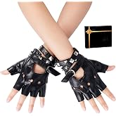 FAYBOX Black Leather Fingerless Gloves for Women Teens, Halloween Costume Accessories Belt Up Half Finger Gloves