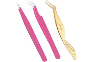 SIVOTE Lash Tweezers & Applicator Tool Set, 2-Pack Precision Tweezers (Straight & Curved Tip, Pink) with Gold Eyelash Applica
