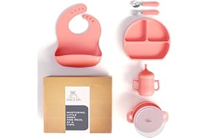 mimi & kiki BPA-Free Silicone Baby Feeding Set, Baby Plates and Bowls Set, Baby Led Weaning Supplies, Silicone Suction Plate, Baby Utensils, Bib and Cup, Self Feeding, Dishwasher Safe (Pink)