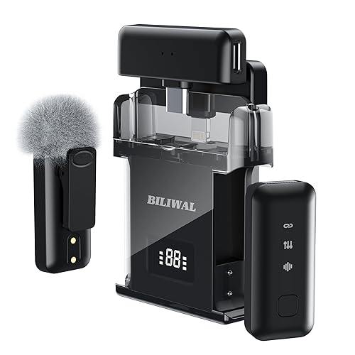 BILIWAL Wireless Lavalier Microphone for iPhone/Android/Laptop with Magnetic Wind Muff/Patch/Clip, Mini Mic with Noise Reduction, 35 H Battery Life via Charging Case, Lightning/USB-C/USB A Plug&Play
