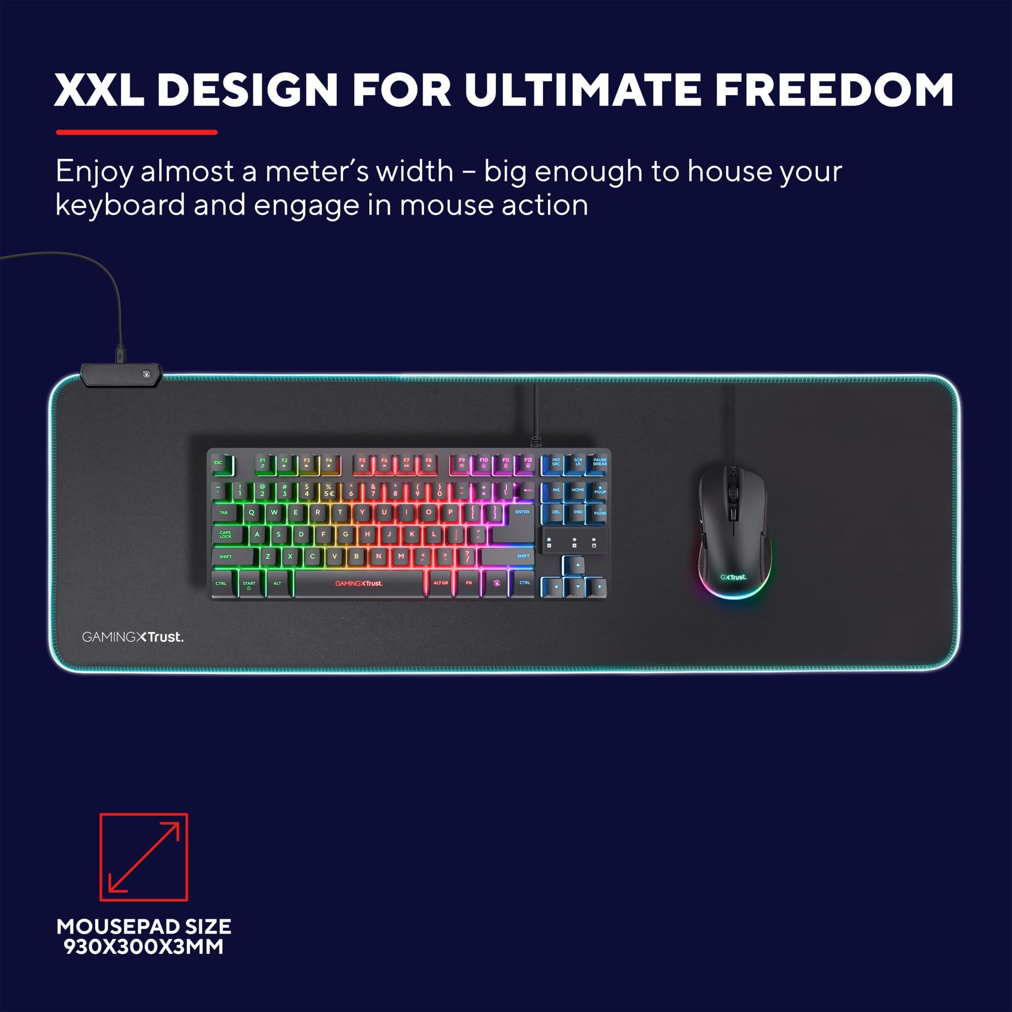 Trust Gaming GXT 764 Glide-Flex RGB Mauspad XXL, 930x300 mm, Gaming Mousepad mit LED Beleuchtung, rutschfeste Gummiunterseite, Große Schreibtischunterlage, USB-betrieben, Desk Mat - Schwarz 3