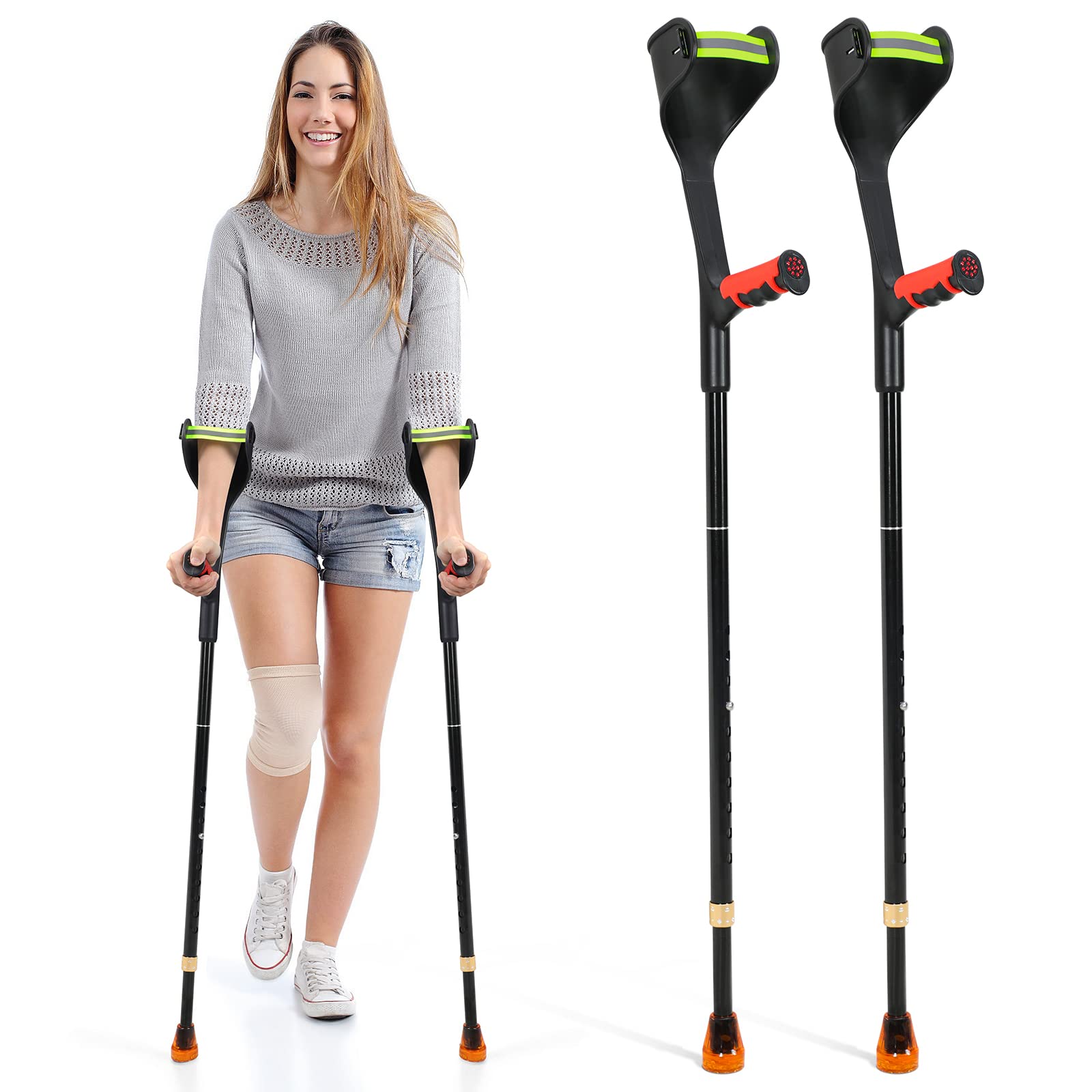 Photo 1 of Elorgzem Pair Forearm Crutches, Ergonomic Folding Forearm Crutches for Adults with Anti-Dorp Cuff, 10-Level Adjustable Height, Suitable for Adults with Leg Injury (1 Pair - Red Handle)