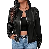 SOLY HUX Women's Plus Size PU Leather Jacket Zip Up Crew Neck Long Sleeve Bomber Jacket Outerwear