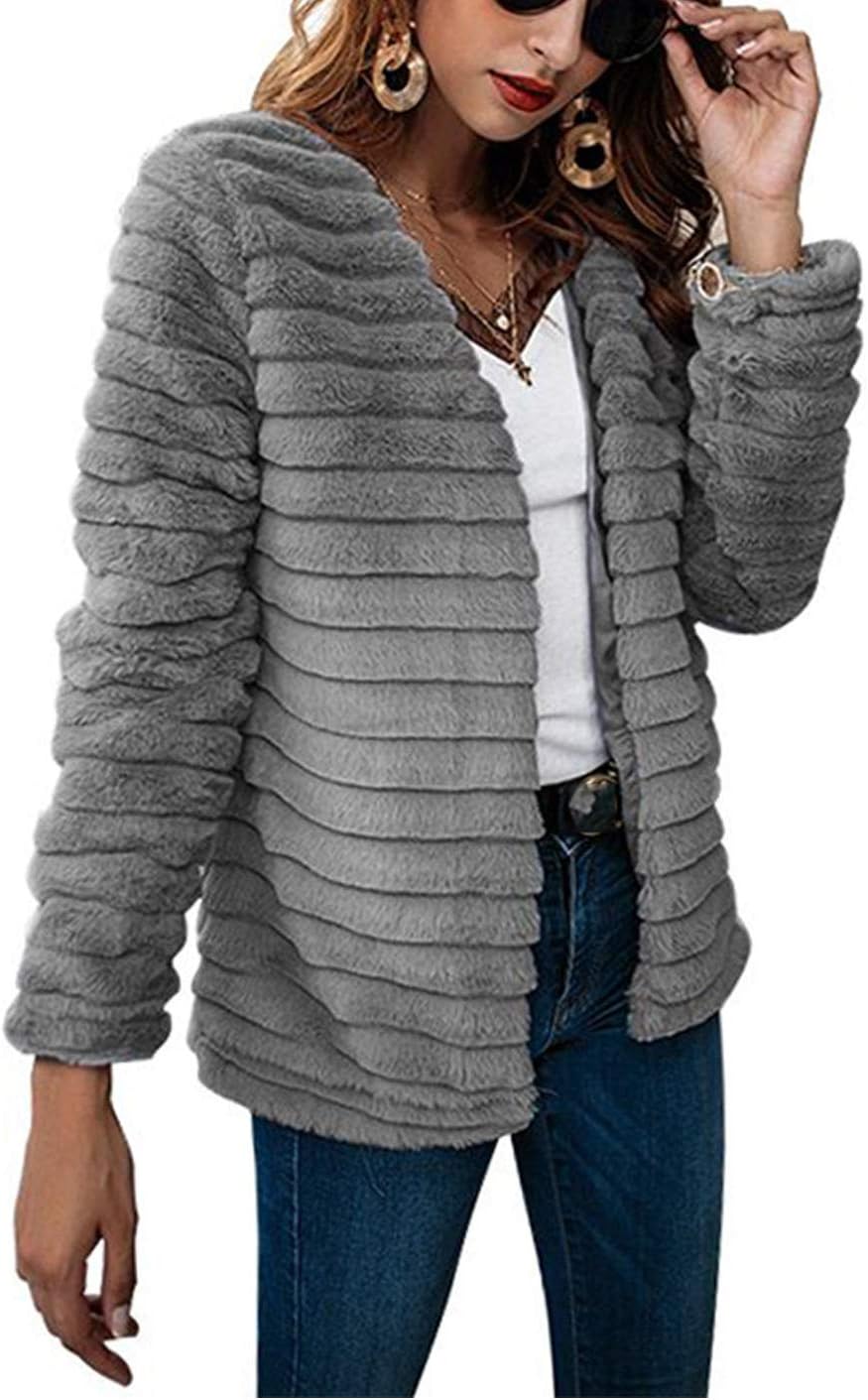 Naliha Women Faux Fur Outerwear Jackets Open Front Long Sleeve Winter Jacket Coat