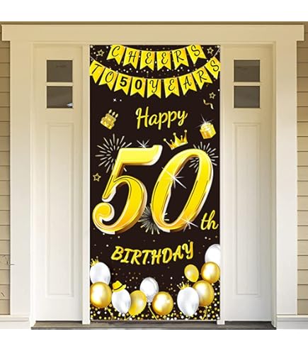 Nelbiirth Grande Bannière Photo « Happy 50th Birthday » - Toile De Fond Pour Décoration Murale De 50e Anniversaire - Noir Et Doré