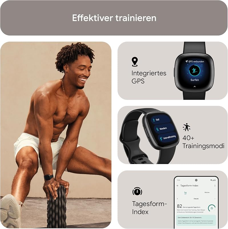 Google Versa 4 Smartwatch Fitness Tracker enthält eine 3 monatige Google Health Premium Mitgliedschaft, 6 Tage Akkulaufzeit – Kompatibel mit Android/iOS, Schwarz/Aluminium in Graphit